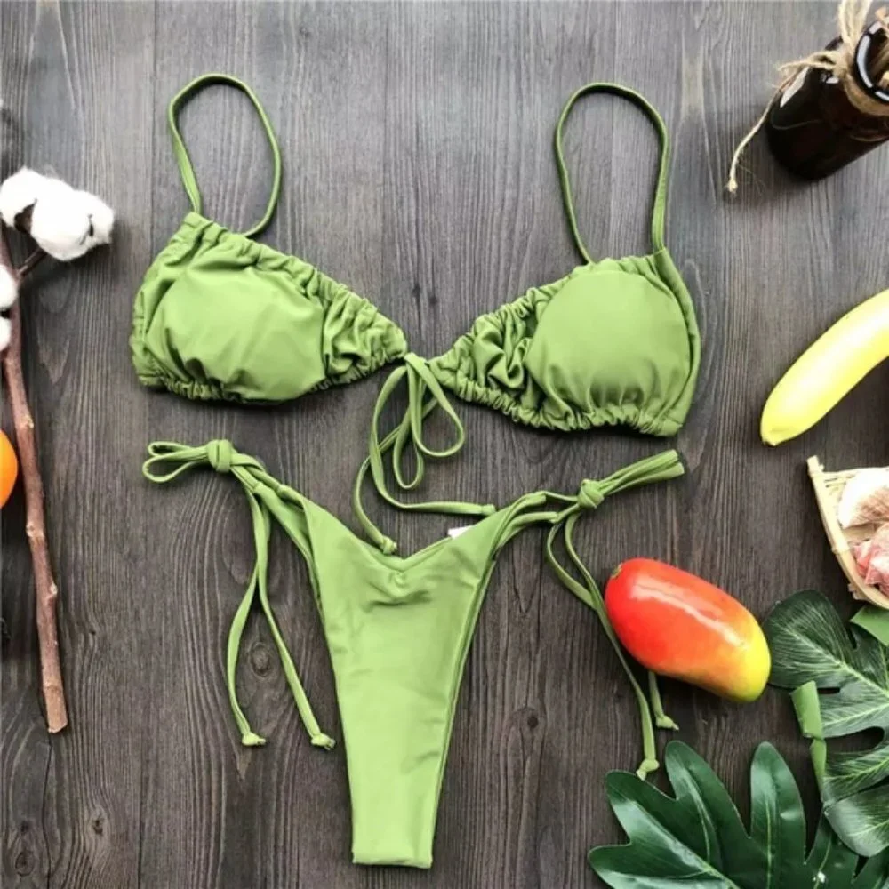 Army Green Ruched Top and Brazilian Bottom Bikini Set Size L
